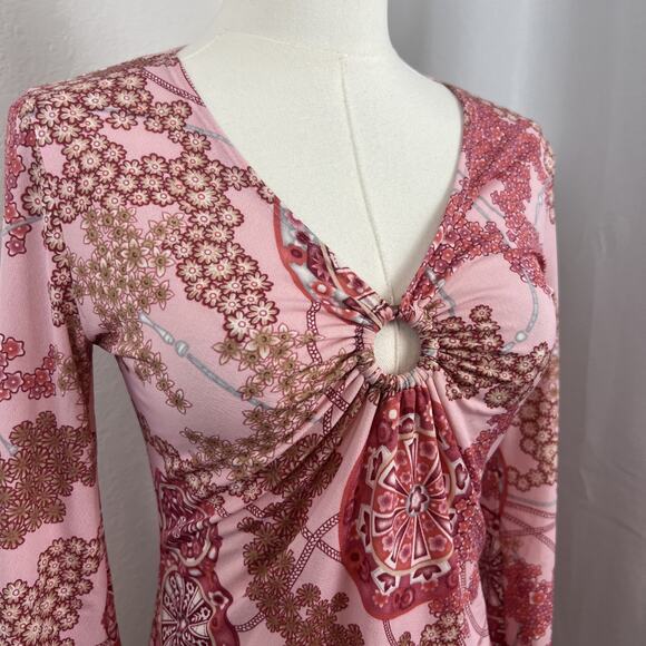 VTG Rue21 Top Womens Medium Pink Floral Stretch Asymmetrical Fairy Y2K Whimsical - Picture 2 of 11